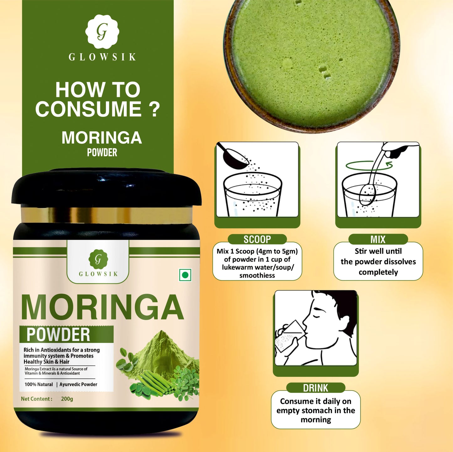 GLOWSIK Pure & Natural Moringa Leaf Powder | Plant-Based Superfood Rich in Antioxidants & Vitamins for Immunity, Skin & Hair (200g)