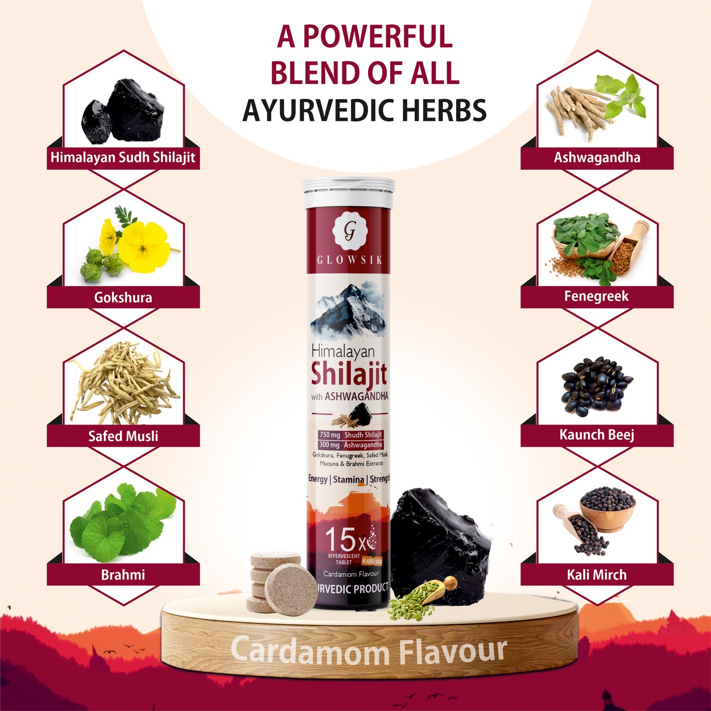 Glowsik Himalayan Shilajit with Ashwagandha – 15 Effervescent Tablets