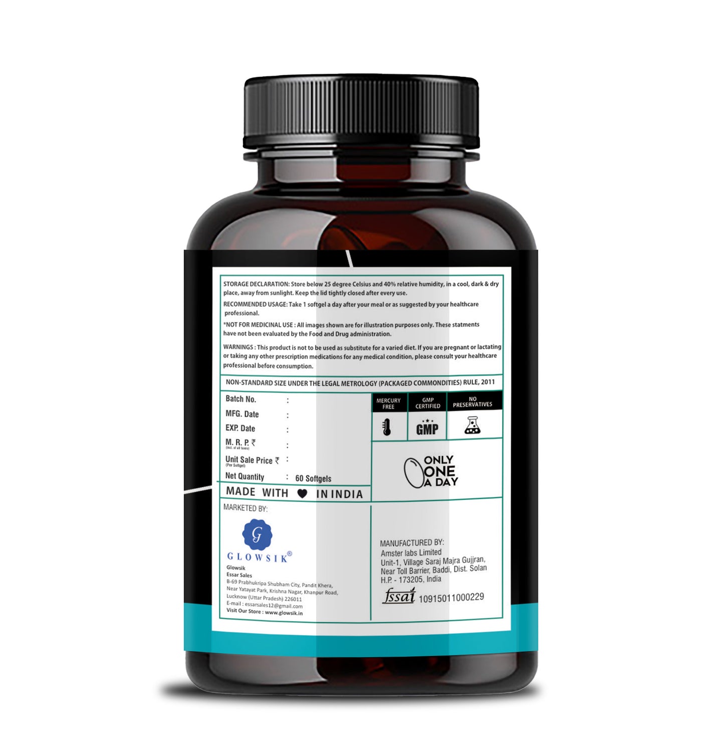 GLOWSIK Omega 3 Fish Oil 1000mg + Multi Vitamins with EPA & DHA for Heart, Brain & Bone Support (60 Softgels)