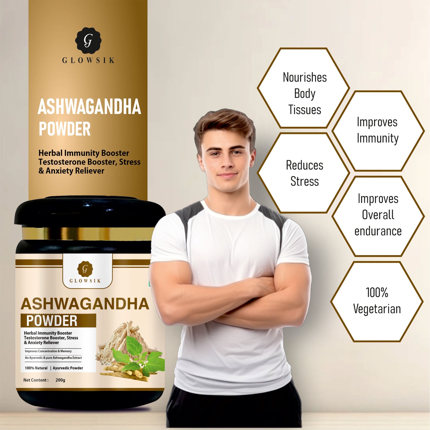 GLOWSIK 100% Natural Ashwagandha Powder | Herbal Immunity Booster, Stress & Anxiety Reliever, Testosterone & Stamina Support (200g)