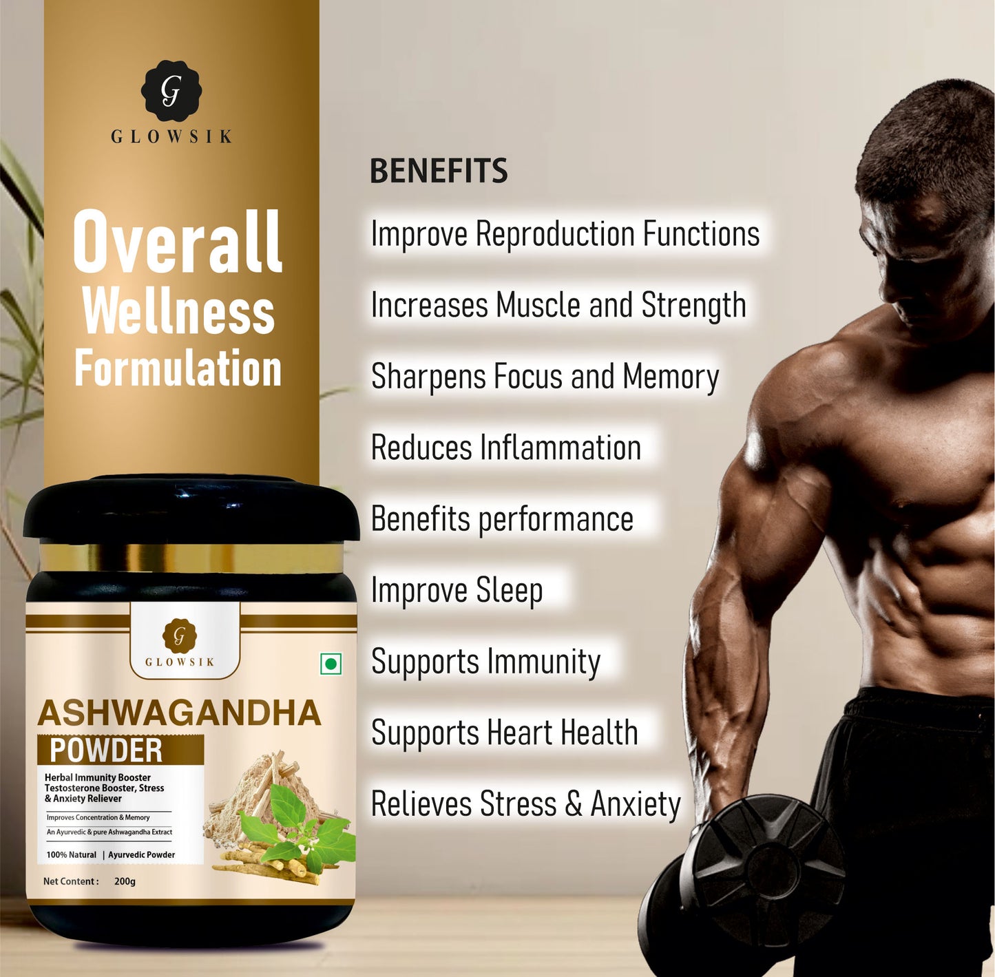 GLOWSIK 100% Natural Ashwagandha Powder | Herbal Immunity Booster, Stress & Anxiety Reliever, Testosterone & Stamina Support (200g)