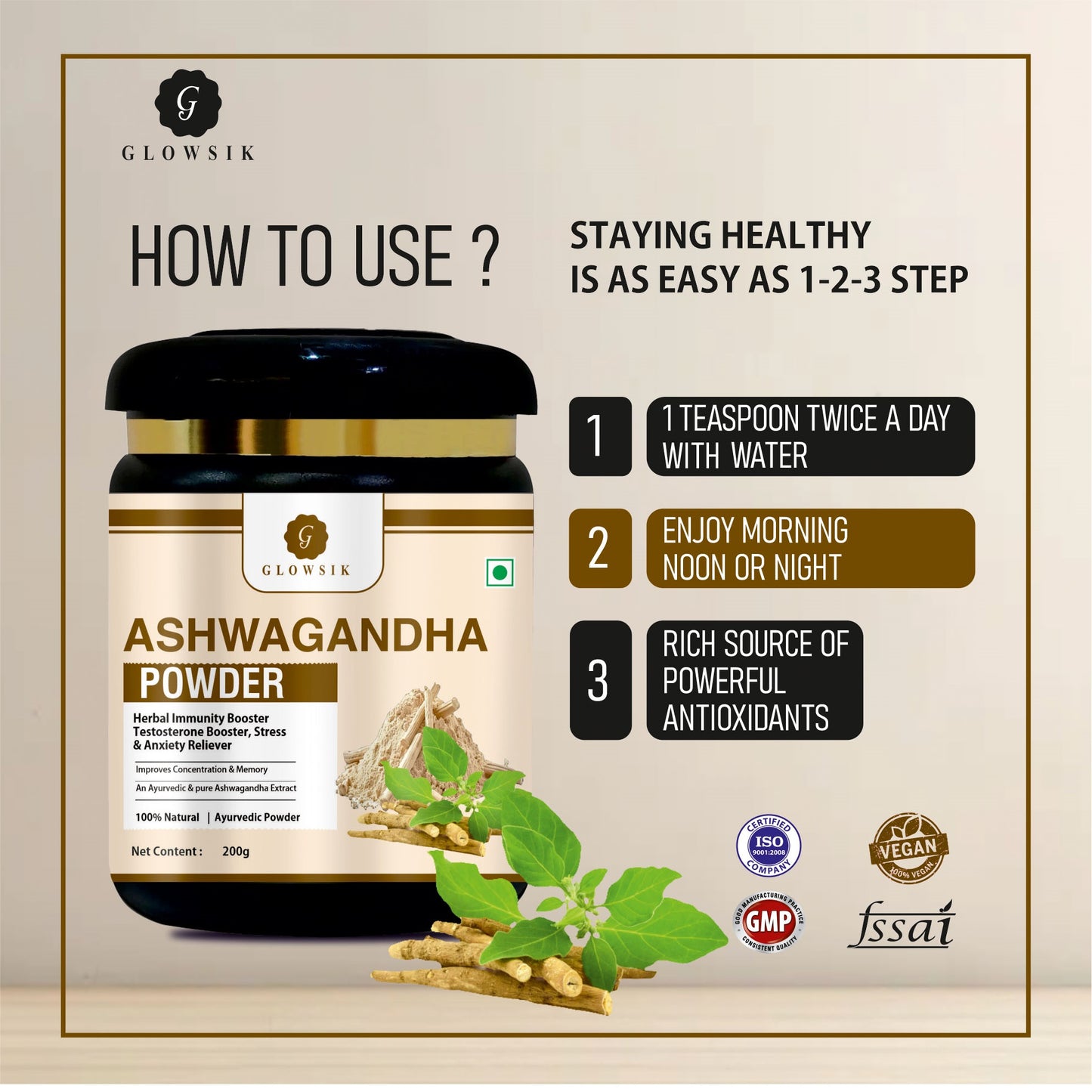 GLOWSIK 100% Natural Ashwagandha Powder | Herbal Immunity Booster, Stress & Anxiety Reliever, Testosterone & Stamina Support (200g)