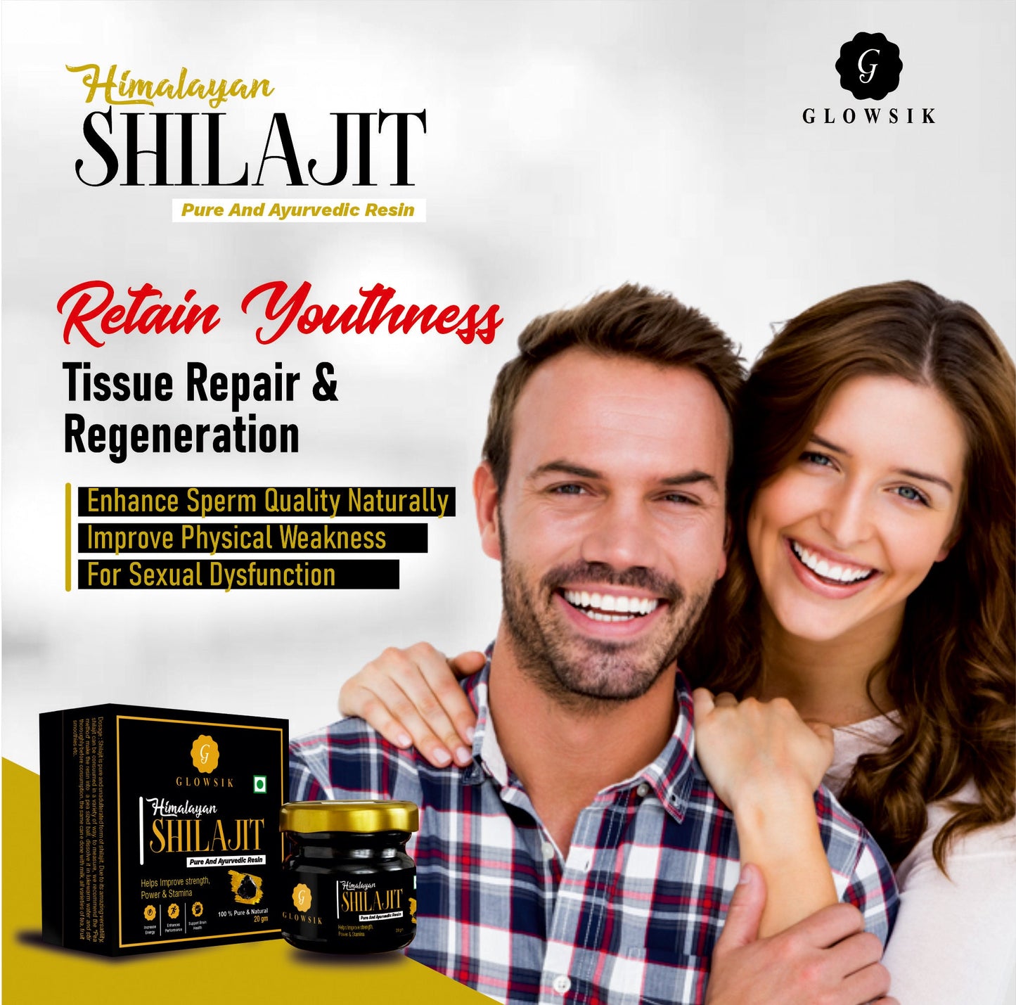 Glowsik Himalayan Shilajit Resin Original & Ayurvedic - 20 gm  Now with ashwangandha , safed mushli and kauch beej 20 effervescent tablets