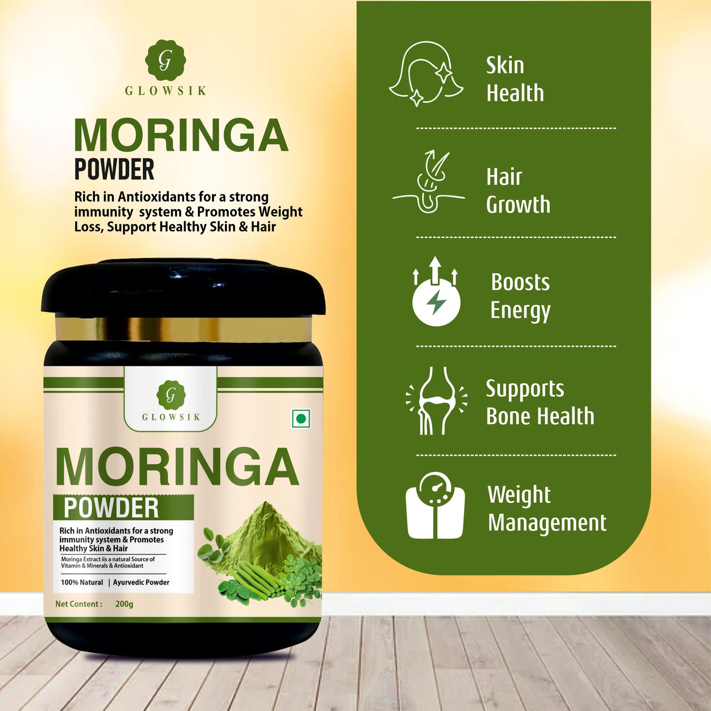 GLOWSIK Pure & Natural Moringa Leaf Powder | Plant-Based Superfood Rich in Antioxidants & Vitamins for Immunity, Skin & Hair (200g)