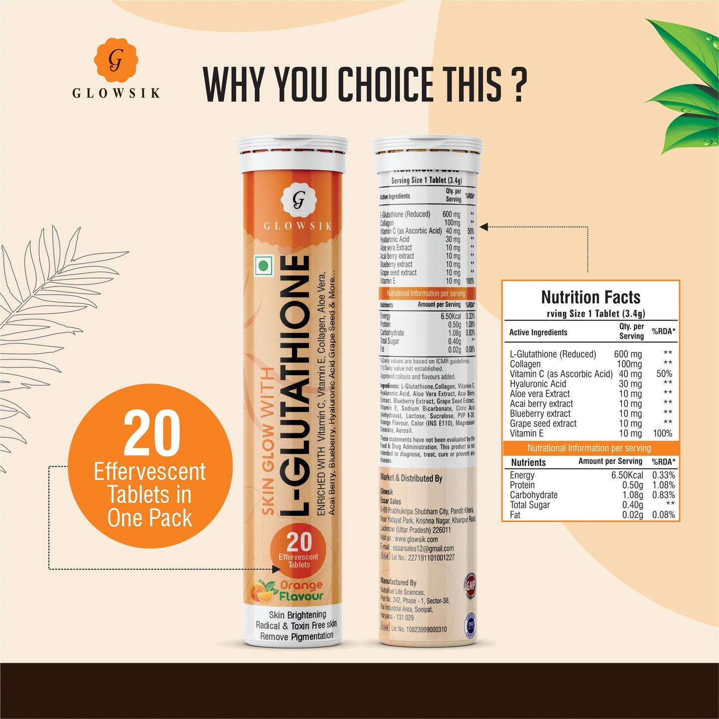 Glowsik Glutathione Effervescents tablets for skin Glow ,  with collagen  , Hyaluronic Acid , vitamin c