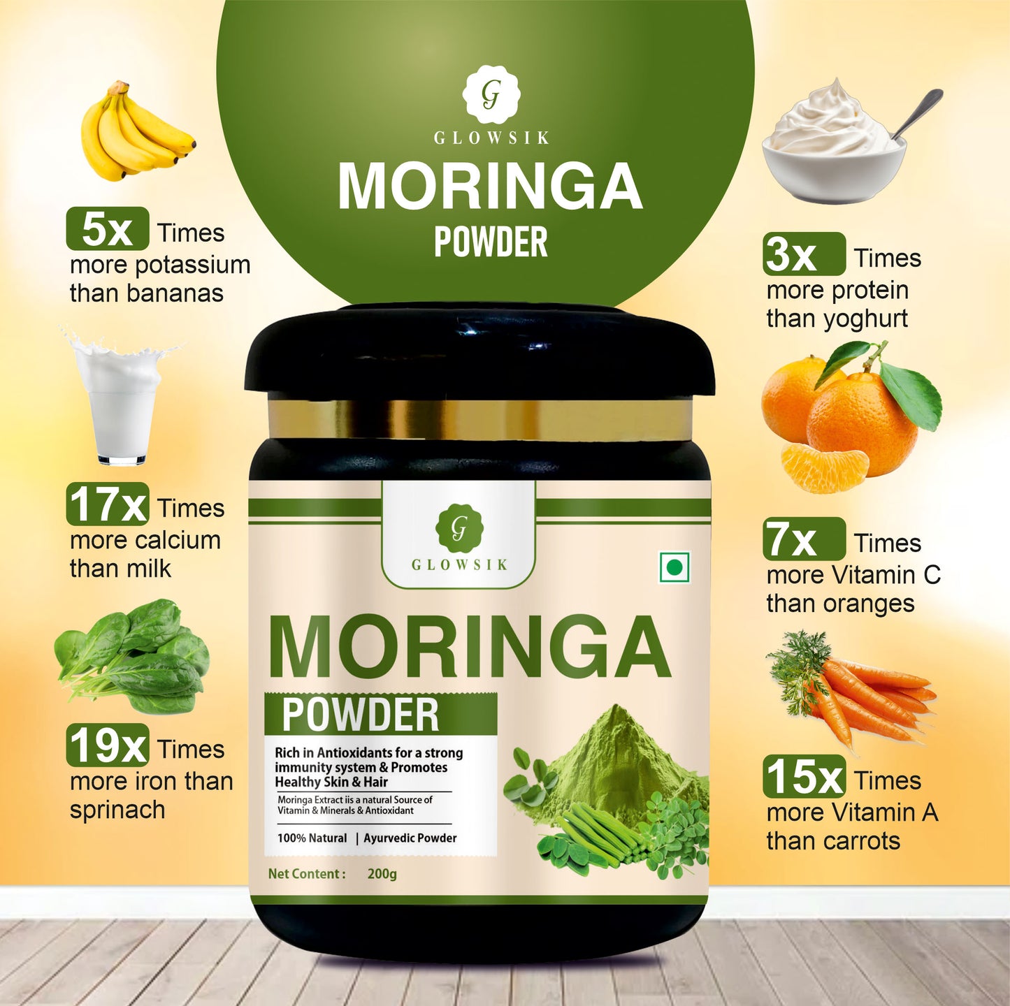 GLOWSIK Pure & Natural Moringa Leaf Powder | Plant-Based Superfood Rich in Antioxidants & Vitamins for Immunity, Skin & Hair (200g)