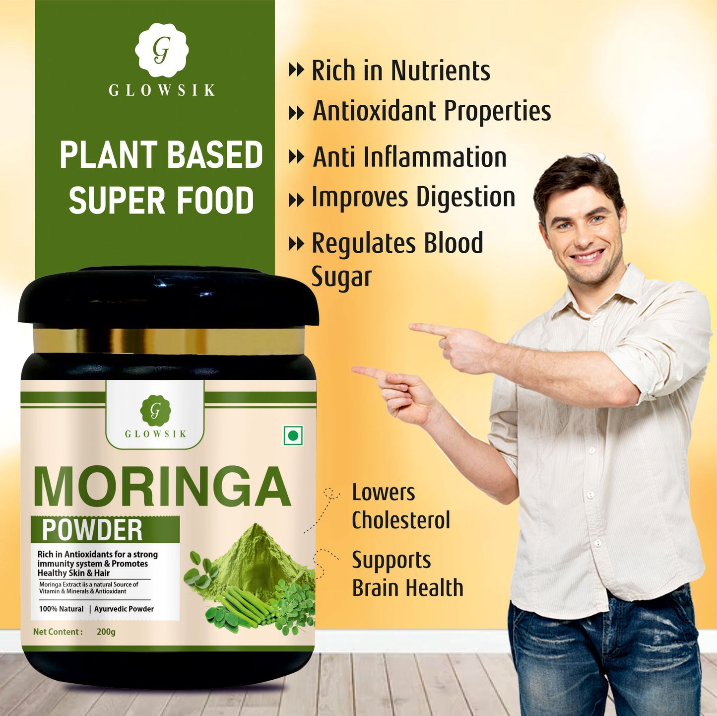 GLOWSIK Pure & Natural Moringa Leaf Powder | Plant-Based Superfood Rich in Antioxidants & Vitamins for Immunity, Skin & Hair (200g)