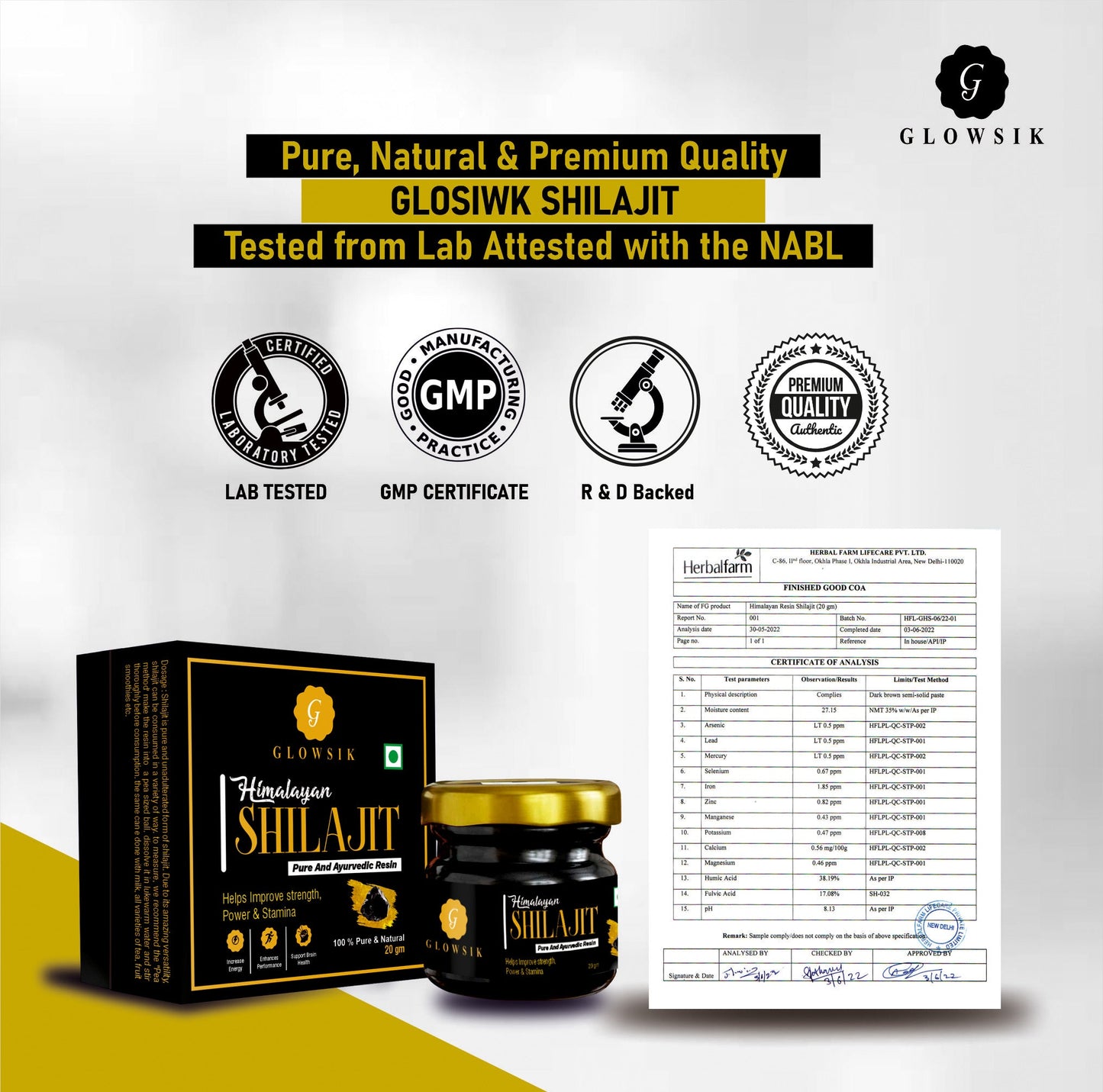 Glowsik Himalayan Shilajit Resin Original & Ayurvedic - 20 gm  Now with ashwangandha , safed mushli and kauch beej 20 effervescent tablets