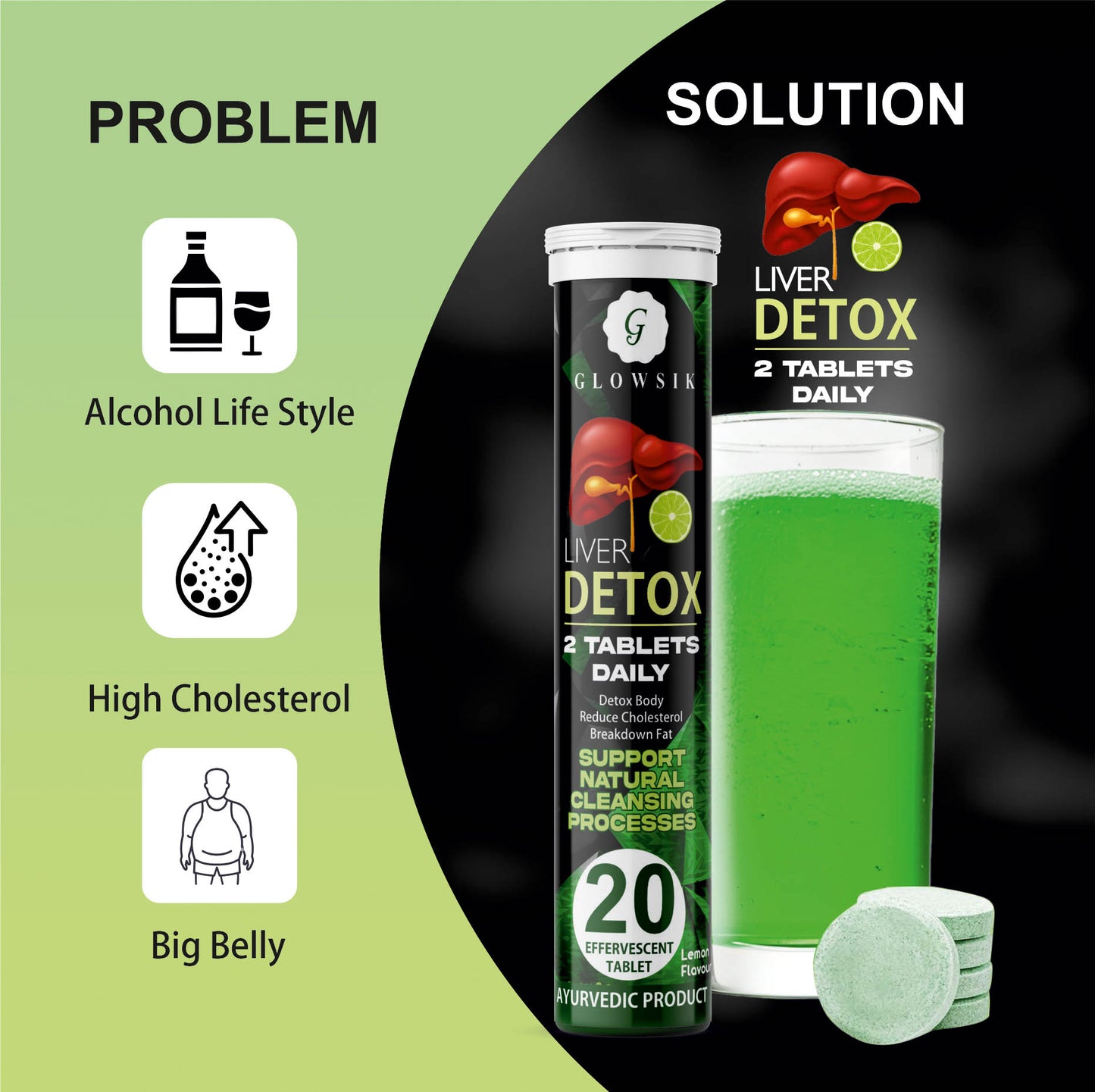 Glowsik Ayurvedic Liver Detox Effervescent Tablets (20 Tablets) - Natural Liver Cleansing & Detox