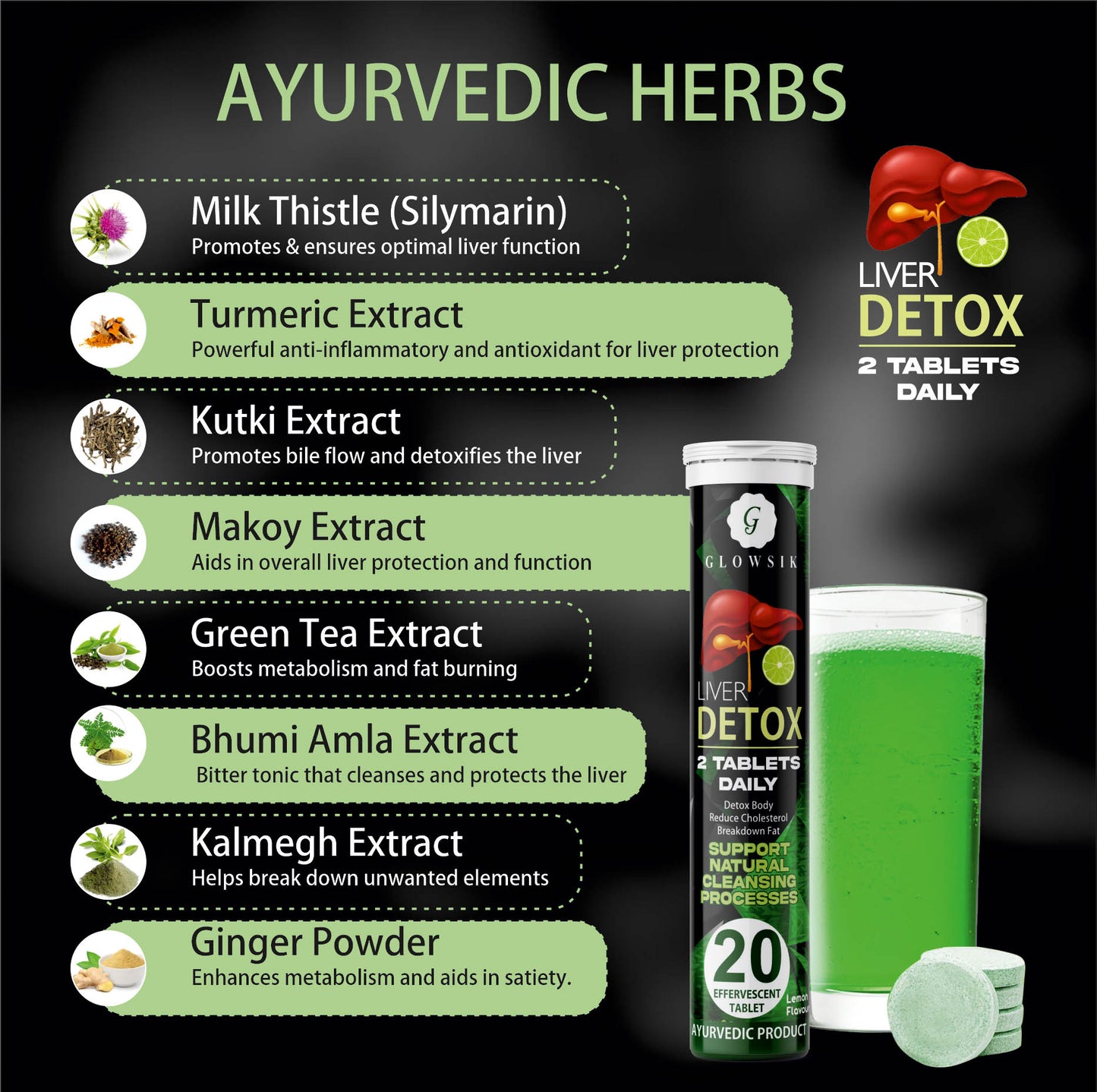Glowsik Ayurvedic Liver Detox Effervescent Tablets (20 Tablets) - Natural Liver Cleansing & Detox