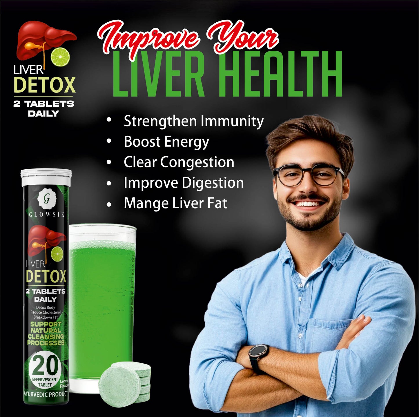 Glowsik Ayurvedic Liver Detox Effervescent Tablets (20 Tablets) - Natural Liver Cleansing & Detox