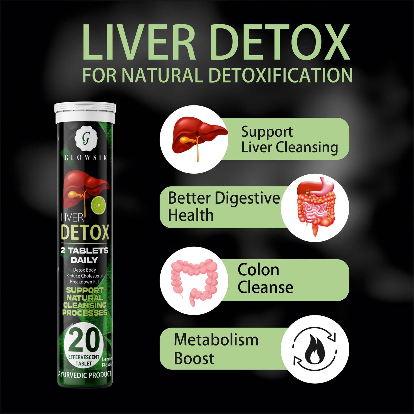 Glowsik Ayurvedic Liver Detox Effervescent Tablets (20 Tablets) - Natural Liver Cleansing & Detox