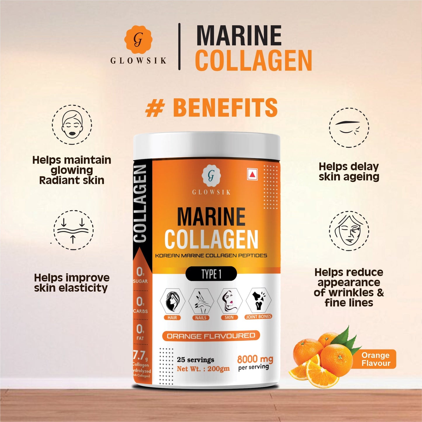 Glowsik Korean Marine Collagen Powder with Glutathione  for Women & Men (200 g) Pack of 2