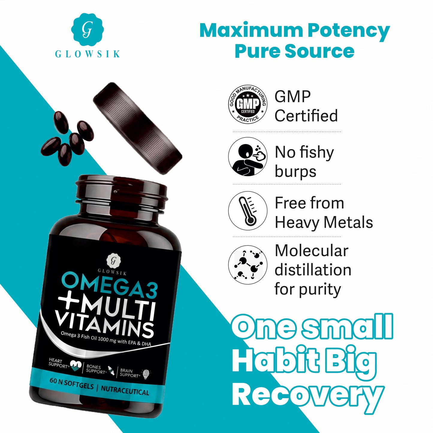 GLOWSIK Omega 3 Fish Oil 1000mg + Multi Vitamins with EPA & DHA for Heart, Brain & Bone Support (60 Softgels)