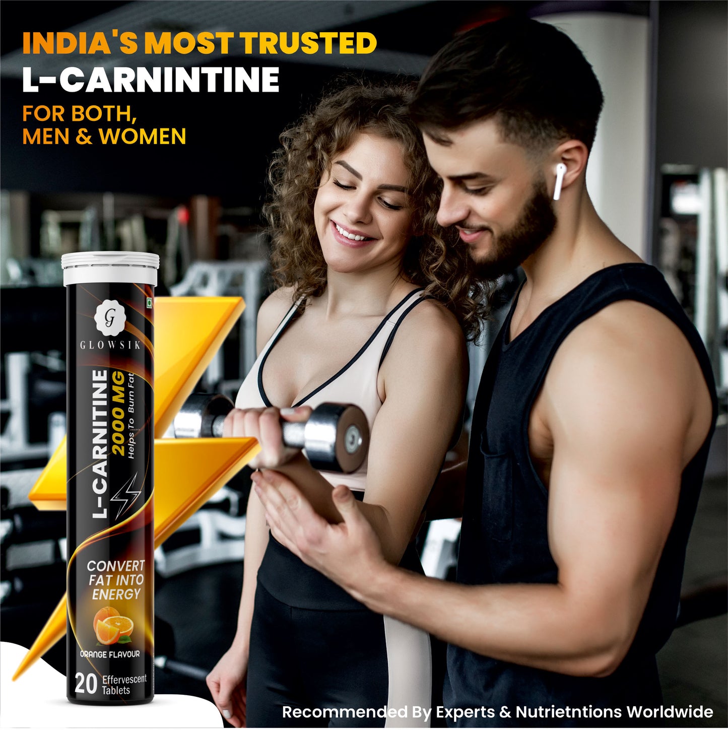 Glowsik L-Carnitine 2000 MG Effervescent Tablets for Fat Burn & Energy (Orange Flavour, 20 Tablets)