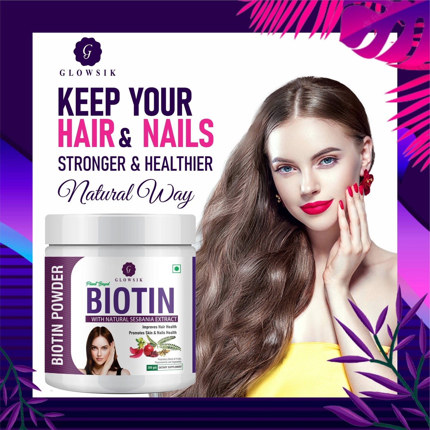 GLOWSIK Plant And Herb Biotin 10000+ mcg With Amla For Strong Hair & Healthy Skin  (300 g)