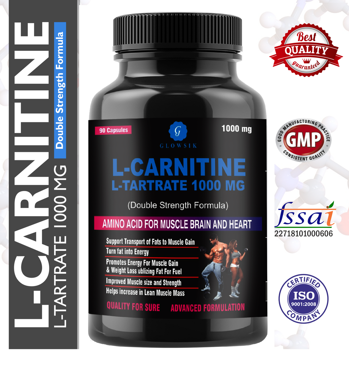 G GLOWSIK L-Carnitine L- Tartrate for weight loss pre work out supplements - 90 capsules  (1000 mg)