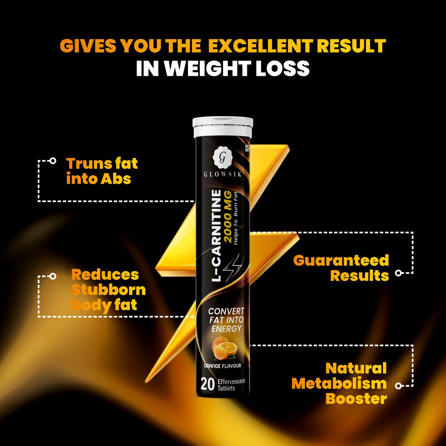 Glowsik L-Carnitine 2000 MG Effervescent Tablets for Fat Burn & Energy (Orange Flavour, 20 Tablets)