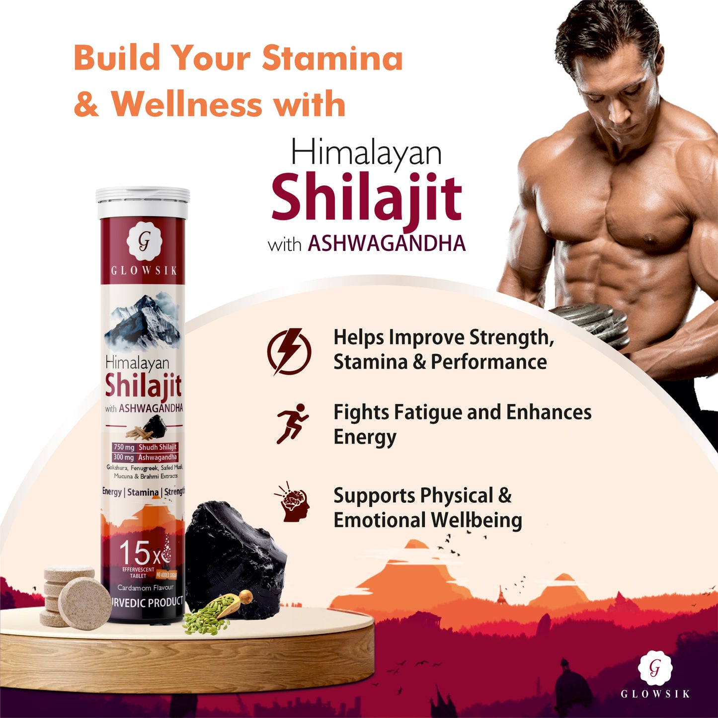Glowsik Himalayan Shilajit with Ashwagandha – 15 Effervescent Tablets