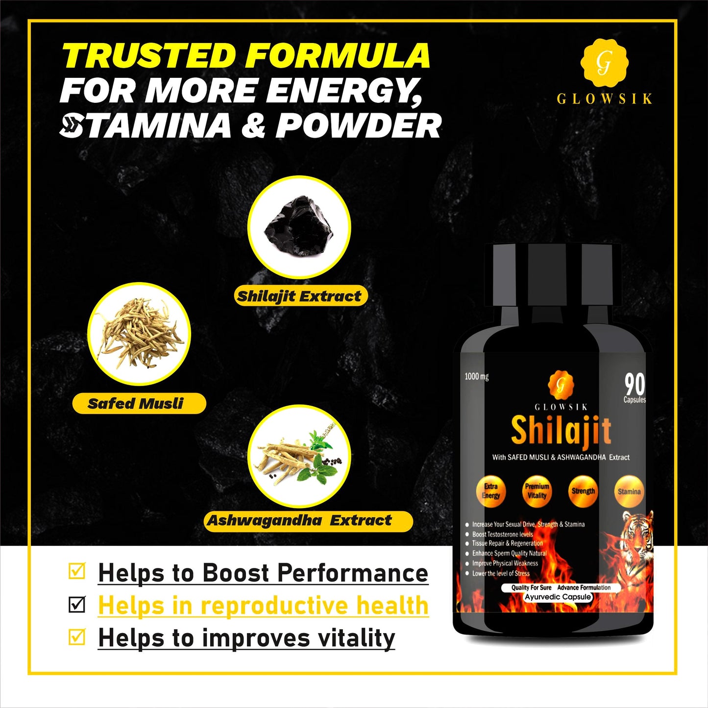 GLOWSIK SHILAJIT CAPSULES FOR POWER , STAMINA WITH SAFED MUSHLI AND ASHWAGANDHA