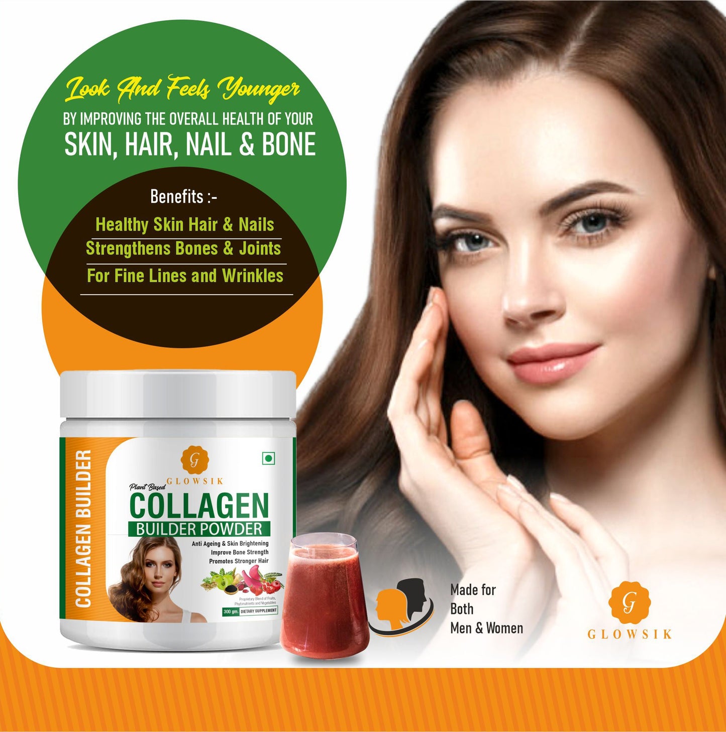 Glowsik Plant Based Collagen Builder Powder Supplement for women and men with Vitamin C for Anti-Ageing Skin, bones and hair - 300 gms