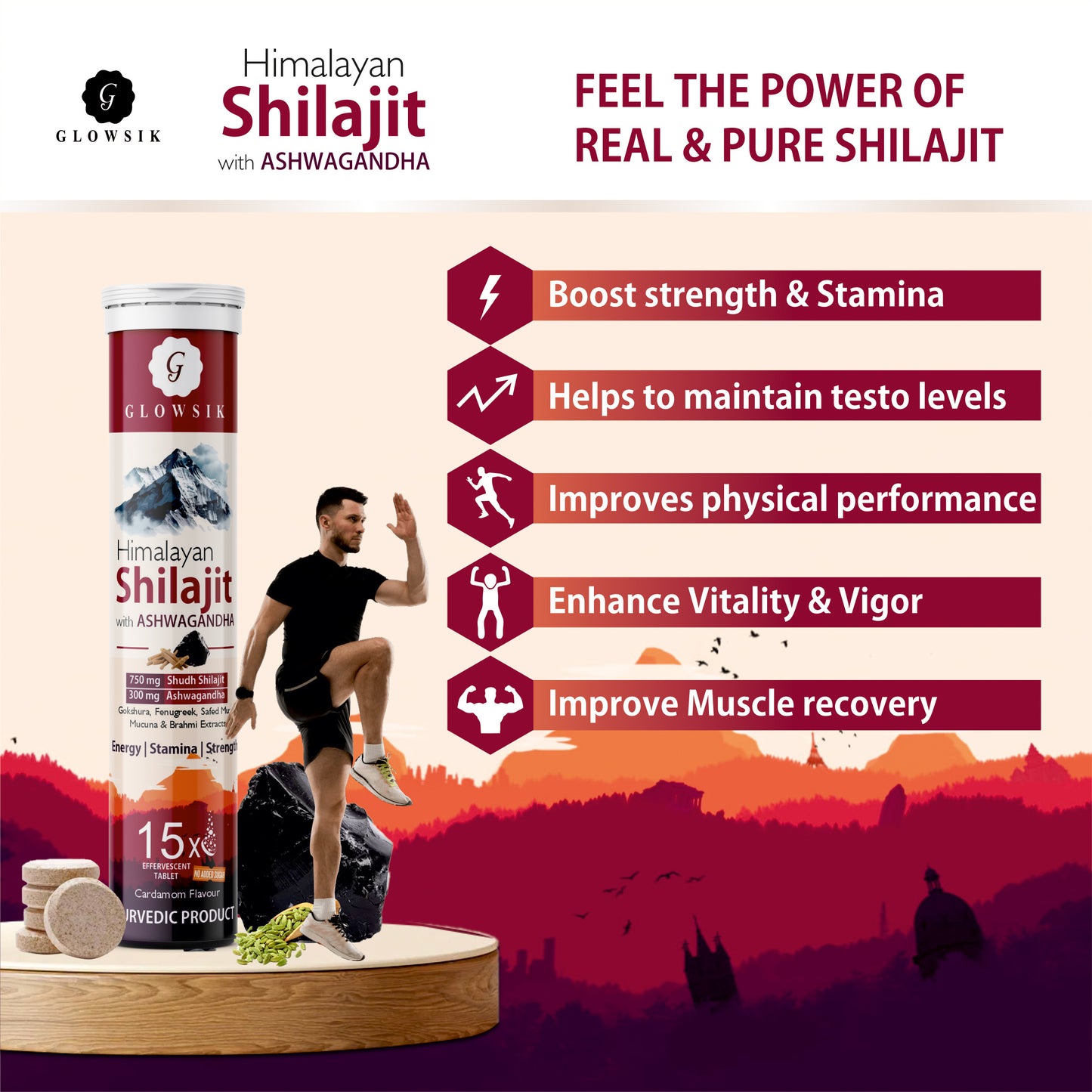 Glowsik Himalayan Shilajit with Ashwagandha – 15 Effervescent Tablets
