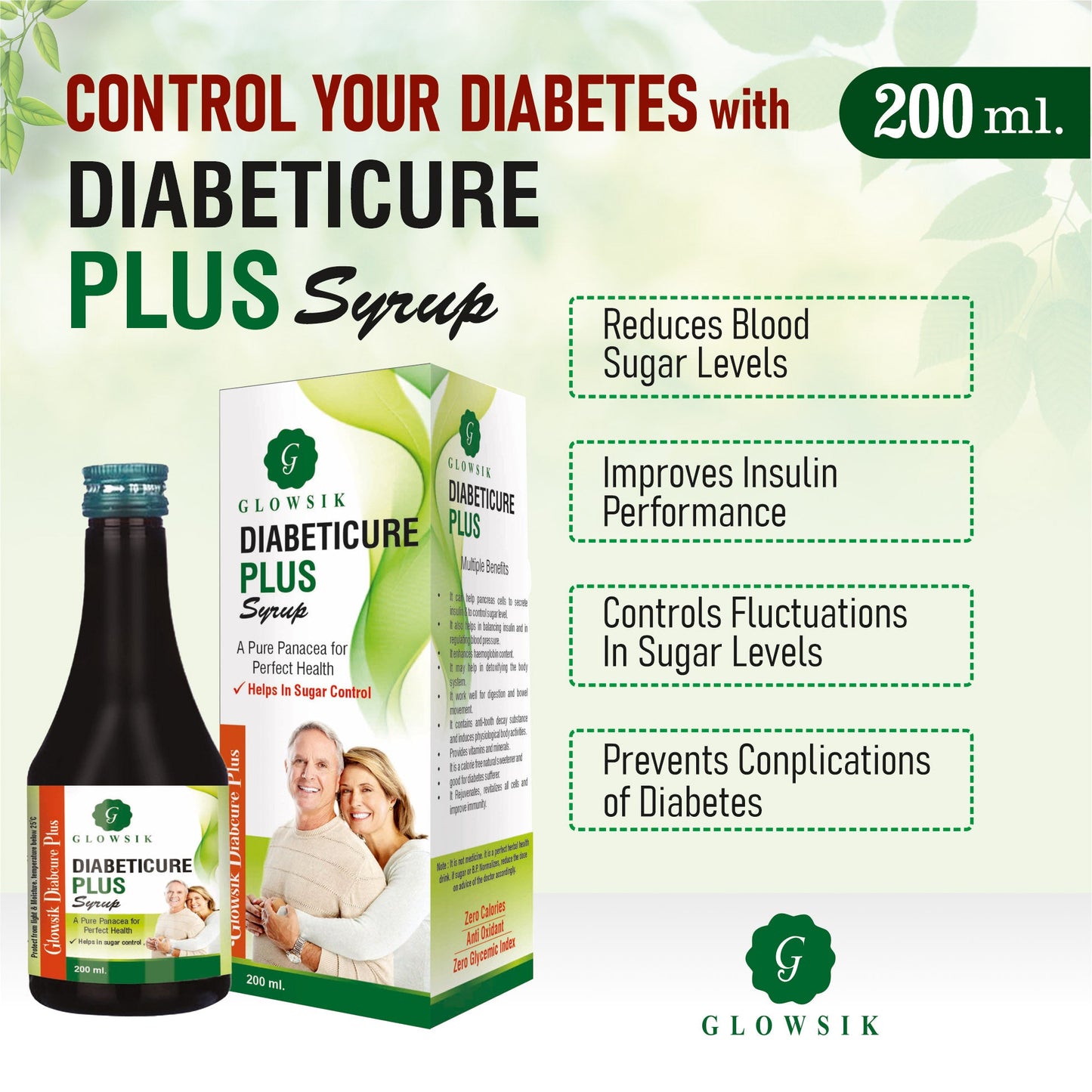 GLOWSIK Diabeticure Plus For Control diabetes | Diabetes Care Syrup| Control Blood sugar  (2 x 200 ml)