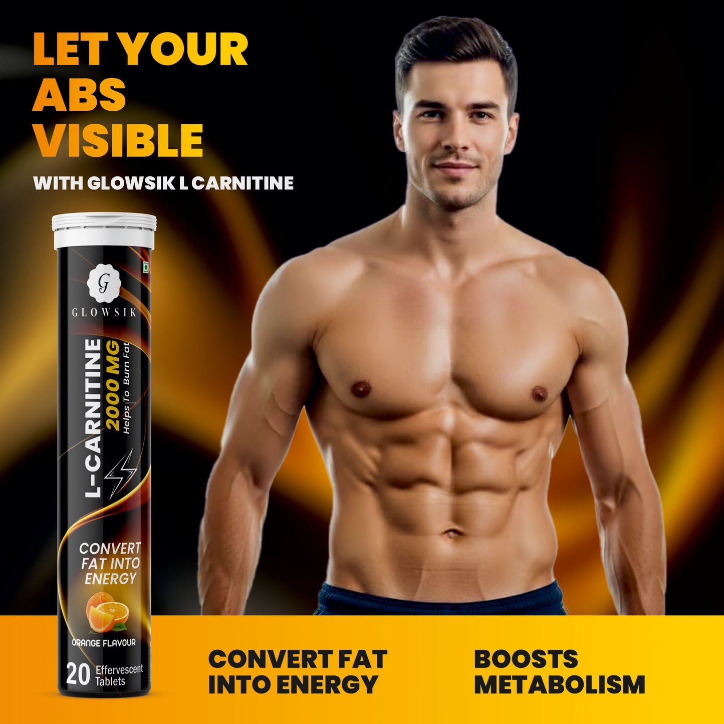 Glowsik L-Carnitine 2000 MG Effervescent Tablets for Fat Burn & Energy (Orange Flavour, 20 Tablets)