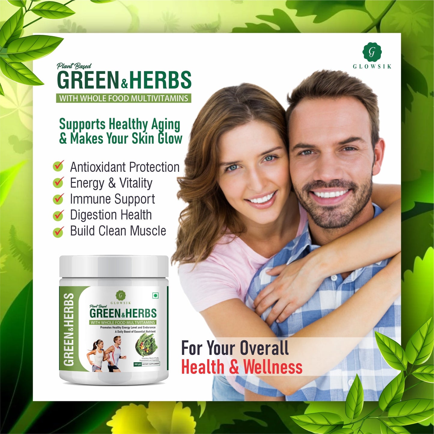 GLOWSIK Plant and Herb Greens with Chlorella, Spirulina for Healthy Skin, Acne & Detox  (300 g)