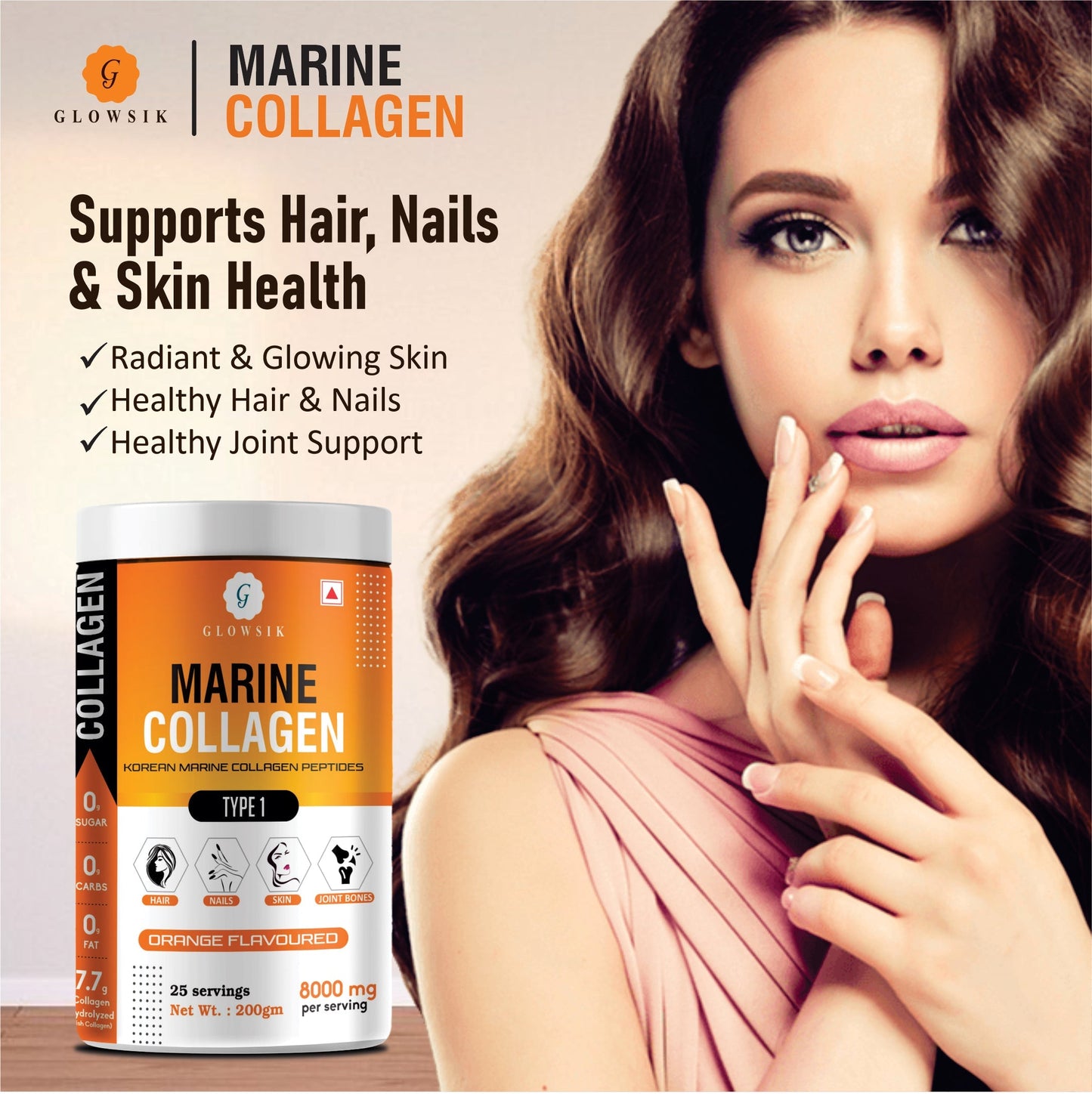 Glowsik Korean Marine Collagen Powder with Glutathione  for Women & Men (200 g) Pack of 2