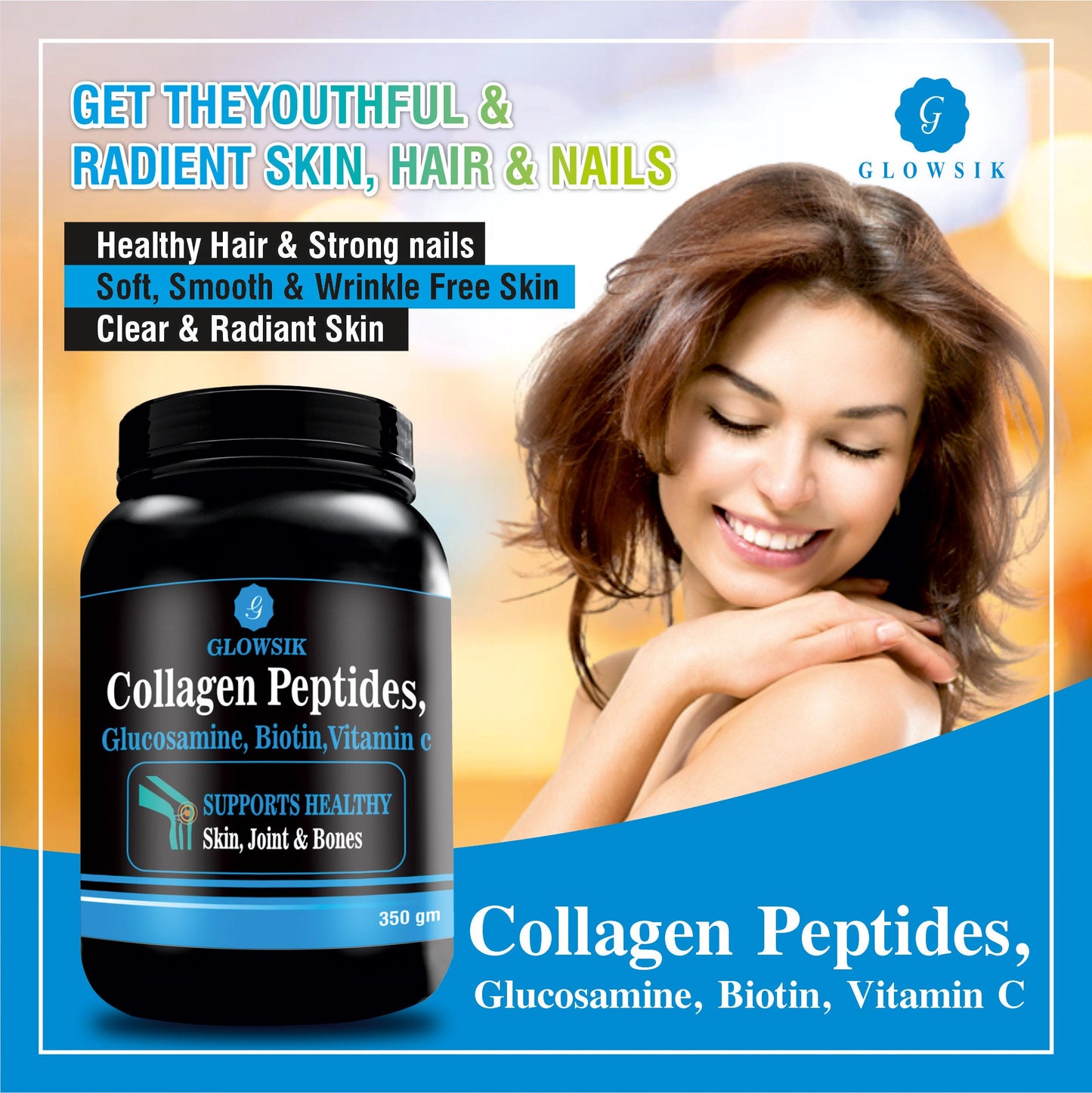GLOWSIK COLLAGEN PEPTIDES WITH GLUCOSAMINE, BIOTIN FOR HEALTHY BONES, JOINTS, HAIR Energy Bars  (350 g, CHOCOLATE)