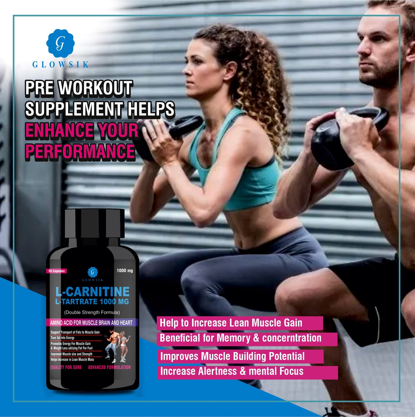 G GLOWSIK L-Carnitine L- Tartrate for weight loss pre work out supplements - 90 capsules  (1000 mg)