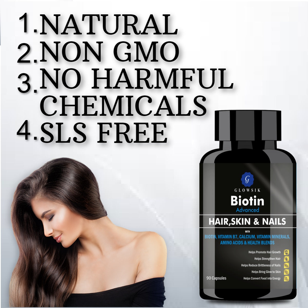 GLOWSIK BIOTIN CAPSULES (90- CAPSULES) with AMINO ACIDS FOR HAIR, NAILS AND SKIN  (1000 mg