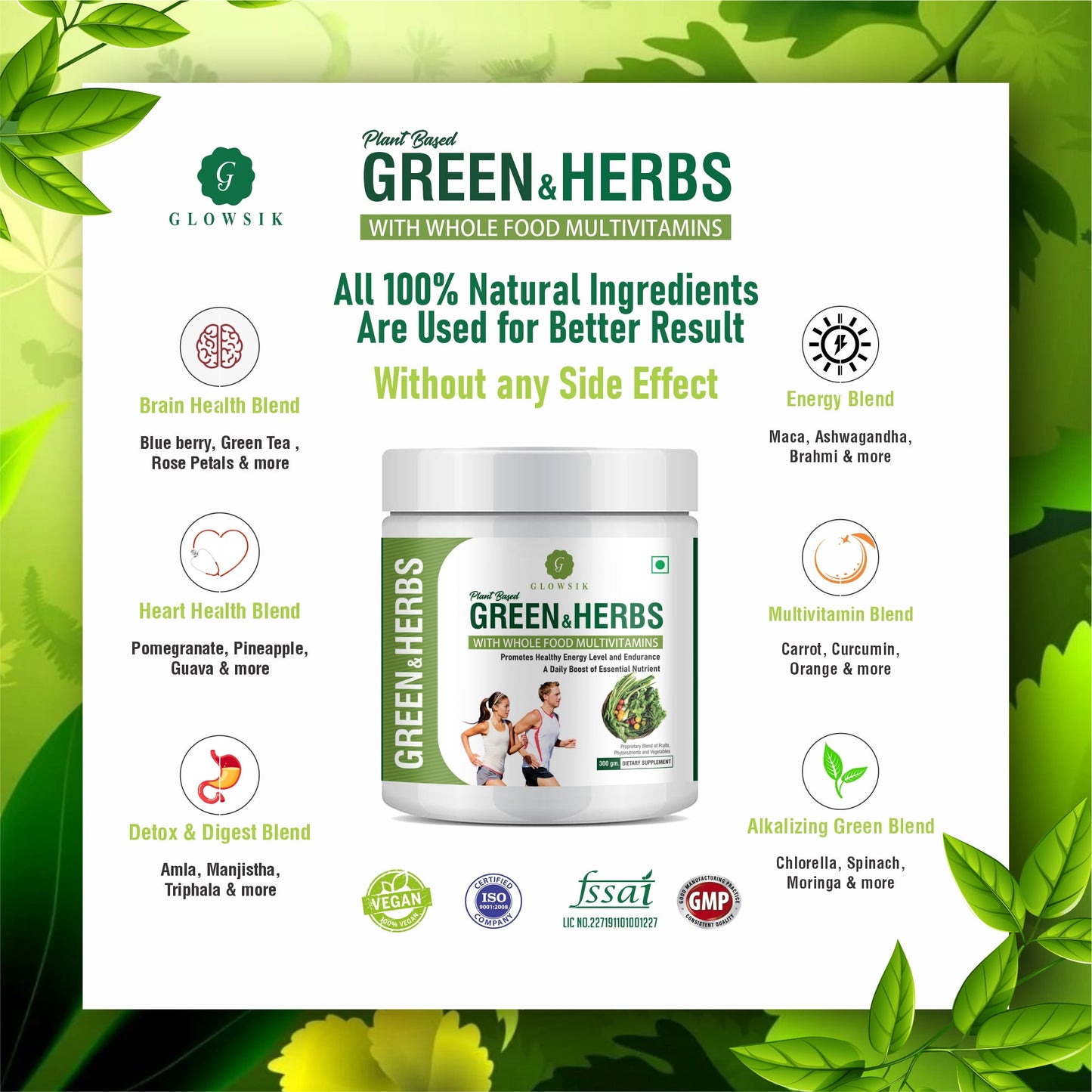 GLOWSIK Plant and Herb Greens with Chlorella, Spirulina for Healthy Skin, Acne & Detox  (300 g)