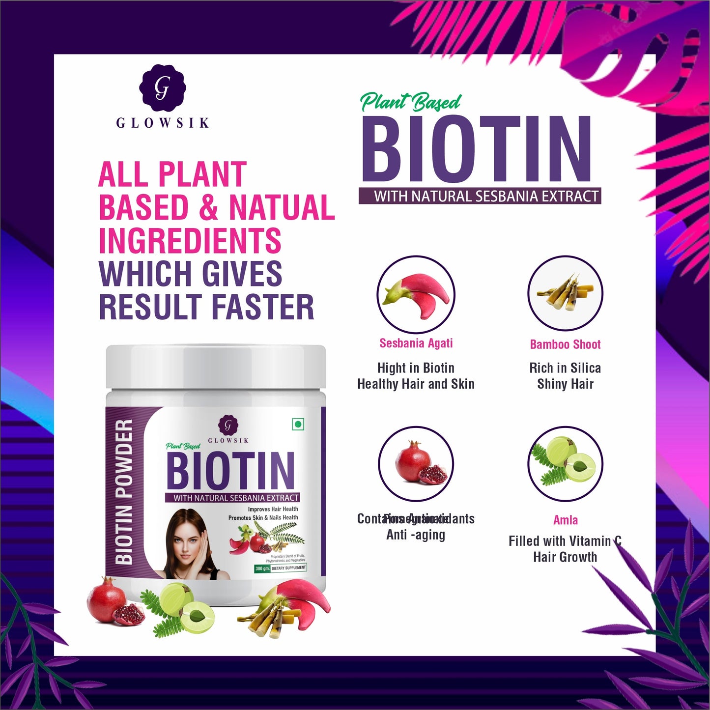 GLOWSIK Plant And Herb Biotin 10000+ mcg With Amla For Strong Hair & Healthy Skin  (300 g)