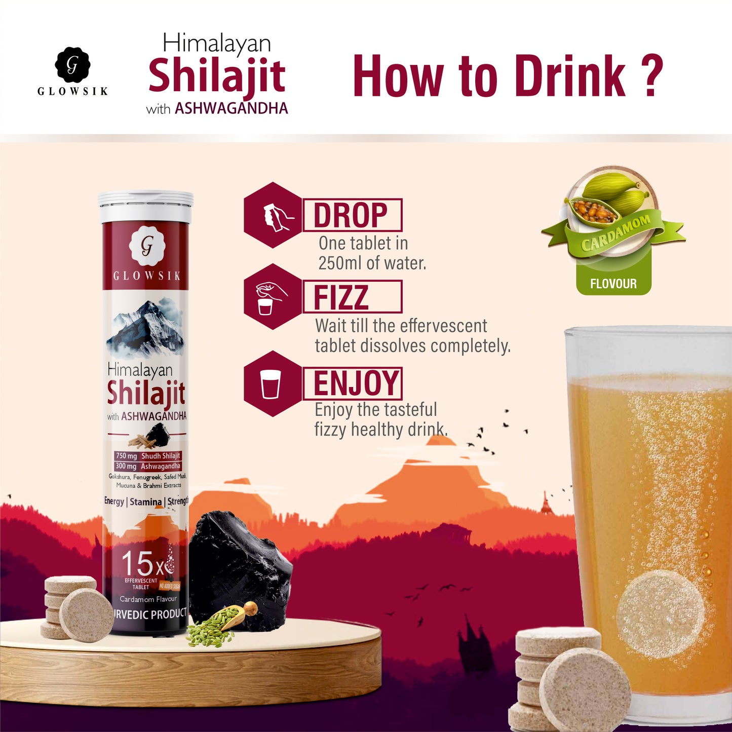 Glowsik Himalayan Shilajit with Ashwagandha – 15 Effervescent Tablets