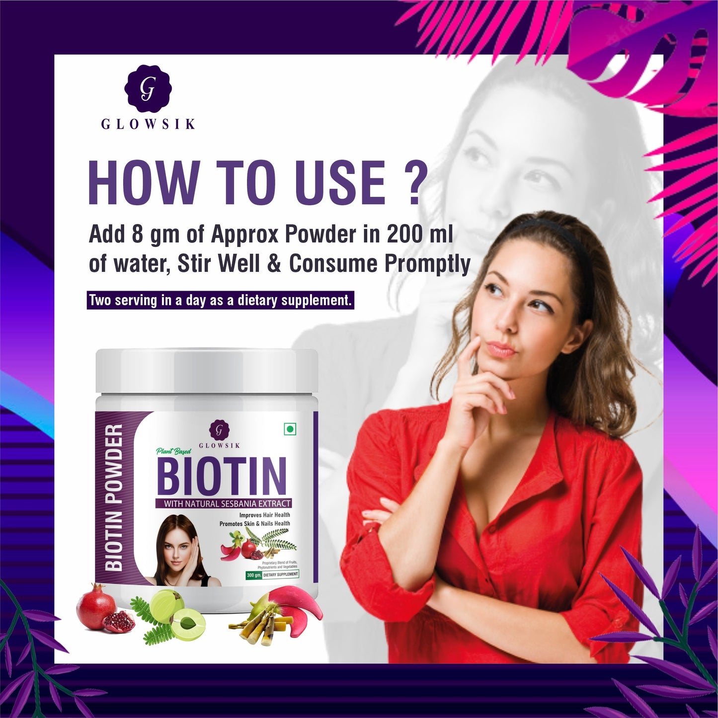 GLOWSIK Plant And Herb Biotin 10000+ mcg With Amla For Strong Hair & Healthy Skin  (300 g)