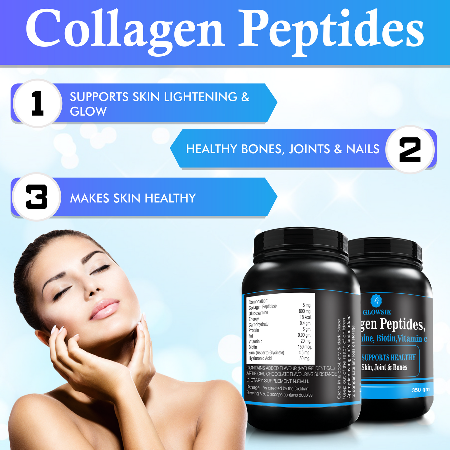 GLOWSIK COLLAGEN PEPTIDES WITH GLUCOSAMINE, BIOTIN FOR HEALTHY BONES, JOINTS, HAIR Energy Bars  (350 g, CHOCOLATE)