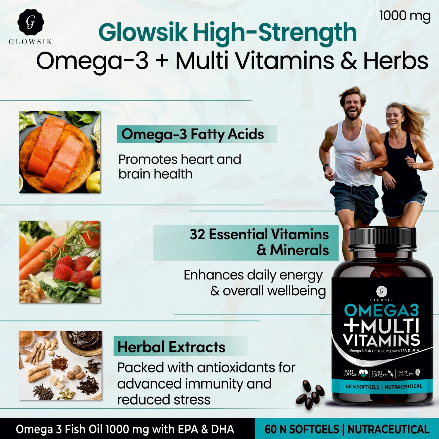 GLOWSIK Omega 3 Fish Oil 1000mg + Multi Vitamins with EPA & DHA for Heart, Brain & Bone Support (60 Softgels)