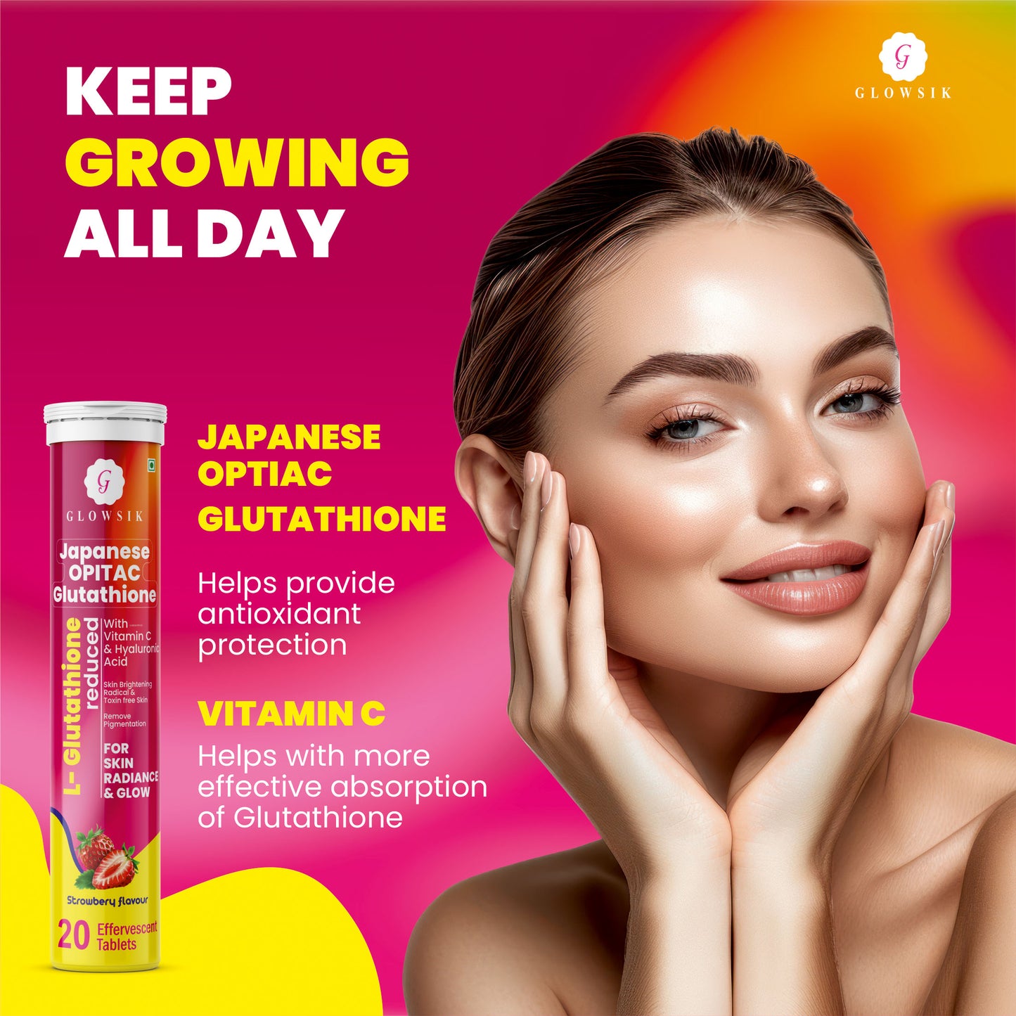 GLOWSIK Japanese OPITAC L-Glutathione 600mg Effervescent Tablets with Vitamin C & Hyaluronic Acid for Glowing Skin - Strawberry Flavour (20 Tablets)