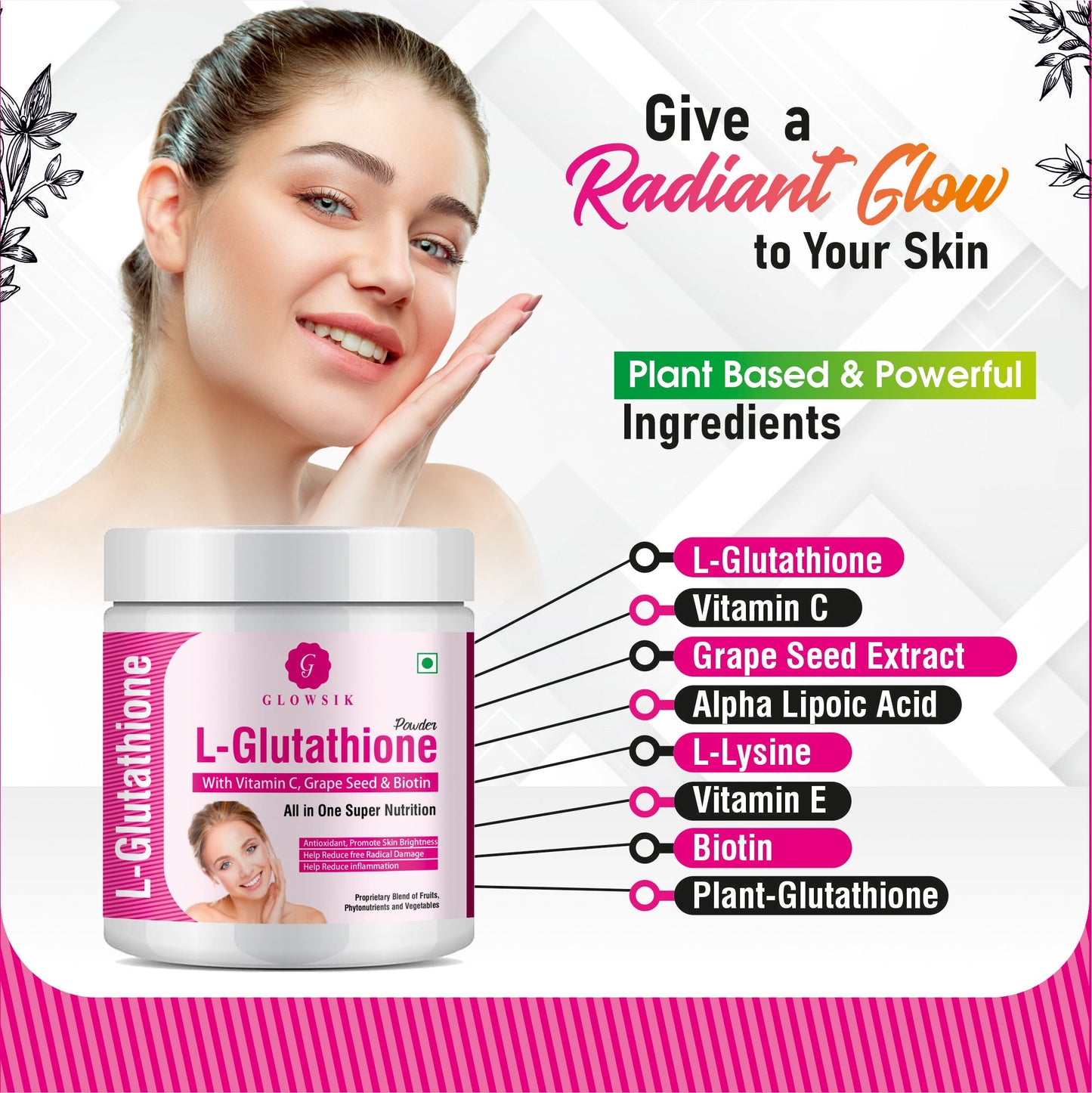GLOWSIK L-GLUTATHIONE POWDER FOR HEALTHY & GLOWING SKIN WITH PLANT & FRUIT EXTRACT  (300 g)