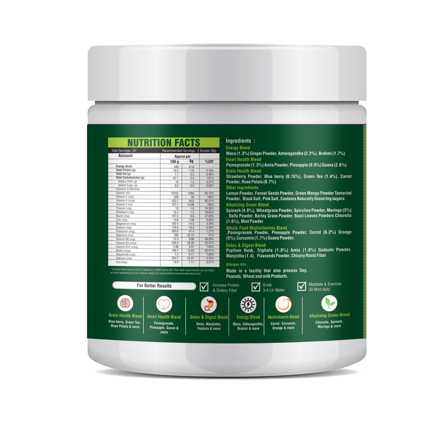 GLOWSIK Plant and Herb Greens with Chlorella, Spirulina for Healthy Skin, Acne & Detox  (300 g)