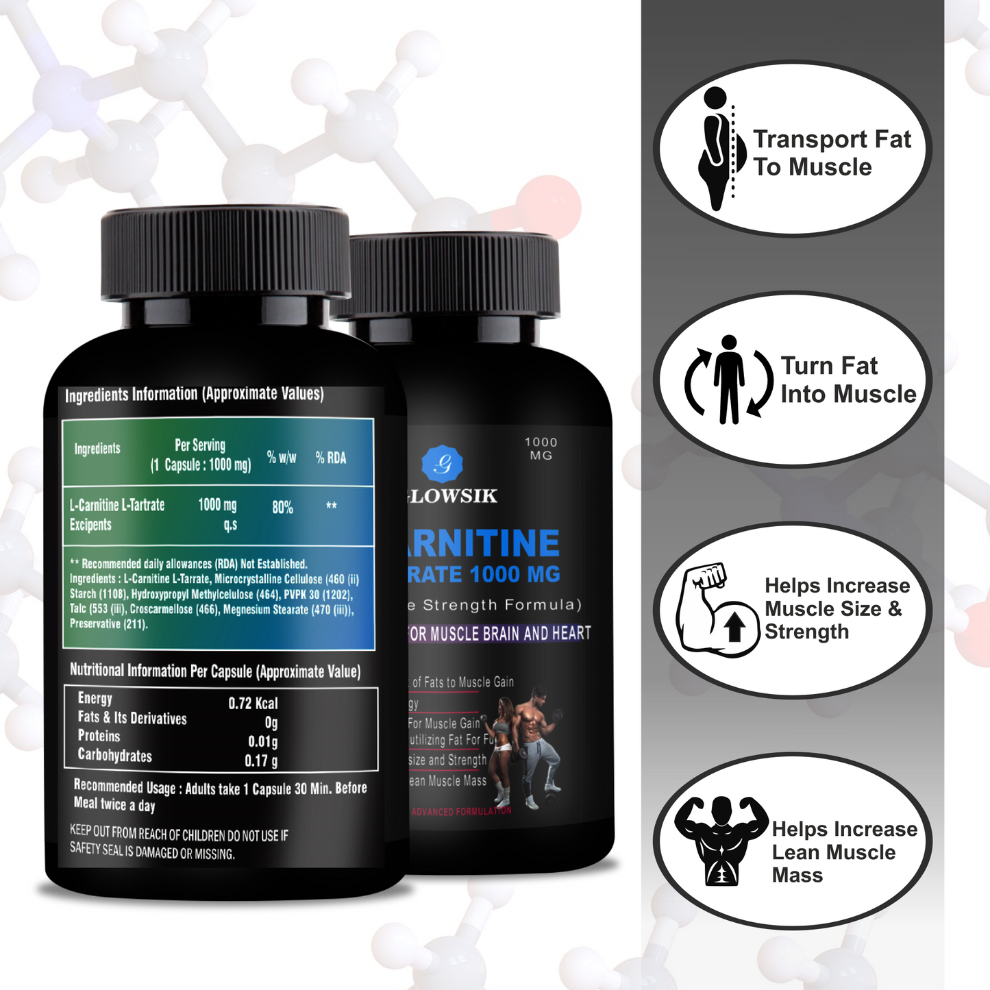 G GLOWSIK L-Carnitine L- Tartrate for weight loss pre work out supplements - 90 capsules  (1000 mg)