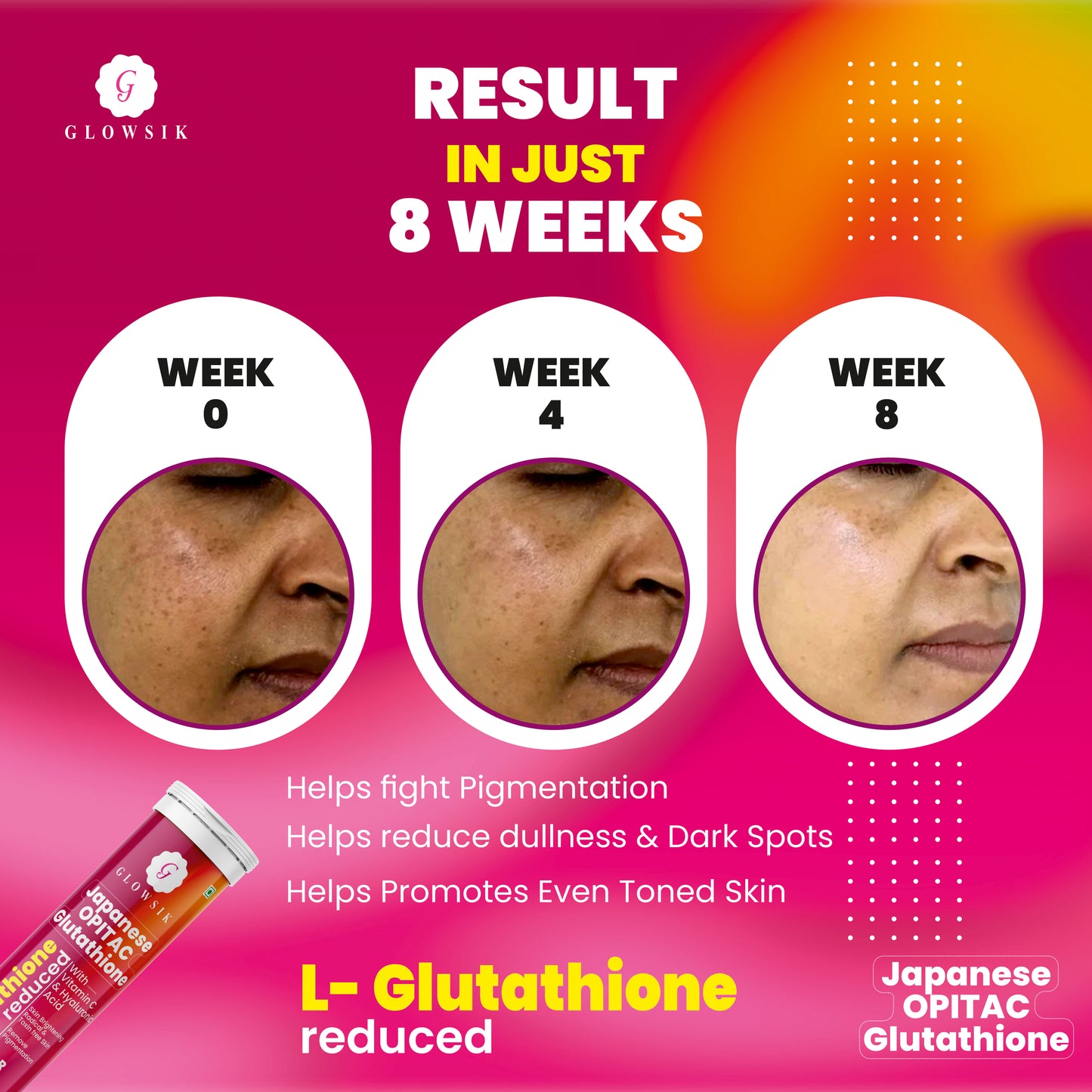 GLOWSIK Japanese OPITAC L-Glutathione 600mg Effervescent Tablets with Vitamin C & Hyaluronic Acid for Glowing Skin - Strawberry Flavour (20 Tablets)