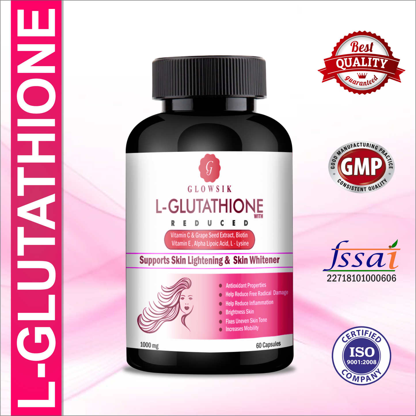 Glowsik Glutathione  pack of 3 (180 capsules) with Vitamin C &  E , Grape Seed , for skin glow , anti-oxidant