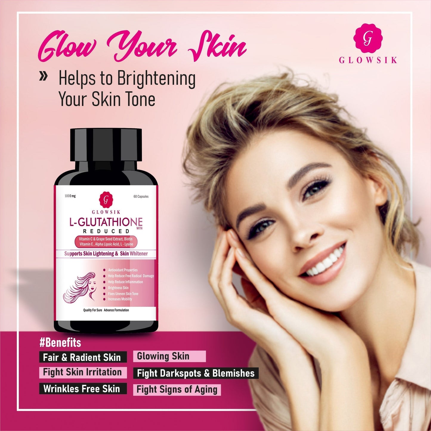 Glowsik Glutathione  pack of 3 (180 capsules) with Vitamin C &  E , Grape Seed , for skin glow , anti-oxidant