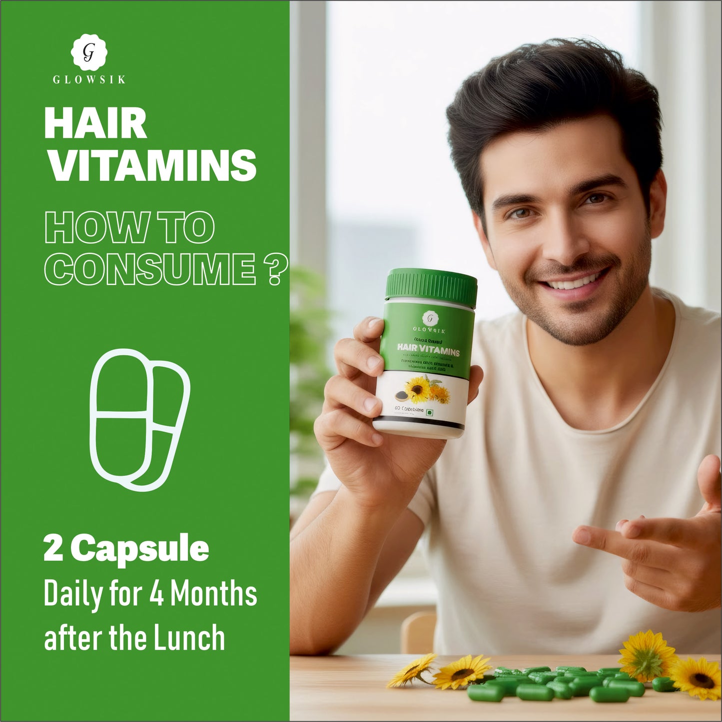 GLOWSIK Plant Based Hair Vitamins with Biotin, Iron & Natural DHT Blocker for Hair Regrowth & Anti-Hairfall (60 Capsules)