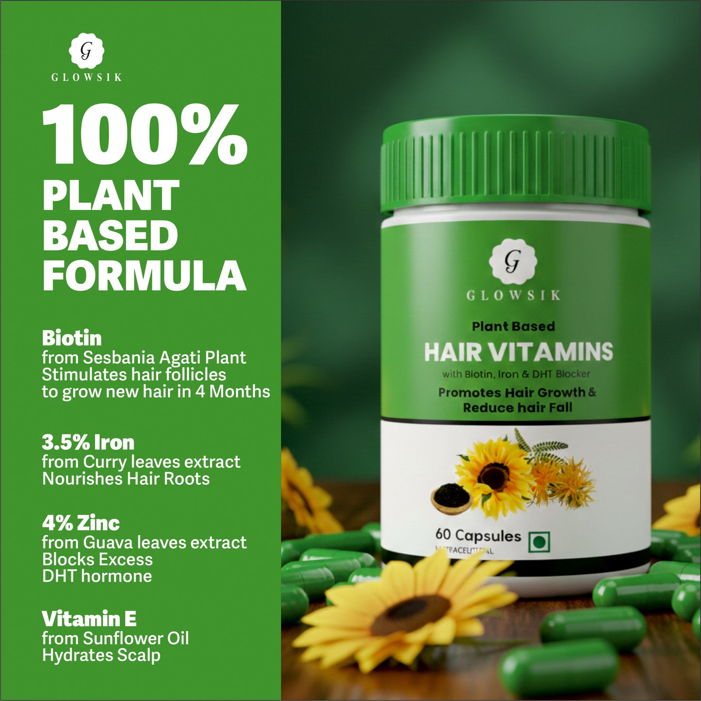 GLOWSIK Plant Based Hair Vitamins with Biotin, Iron & Natural DHT Blocker for Hair Regrowth & Anti-Hairfall (60 Capsules)