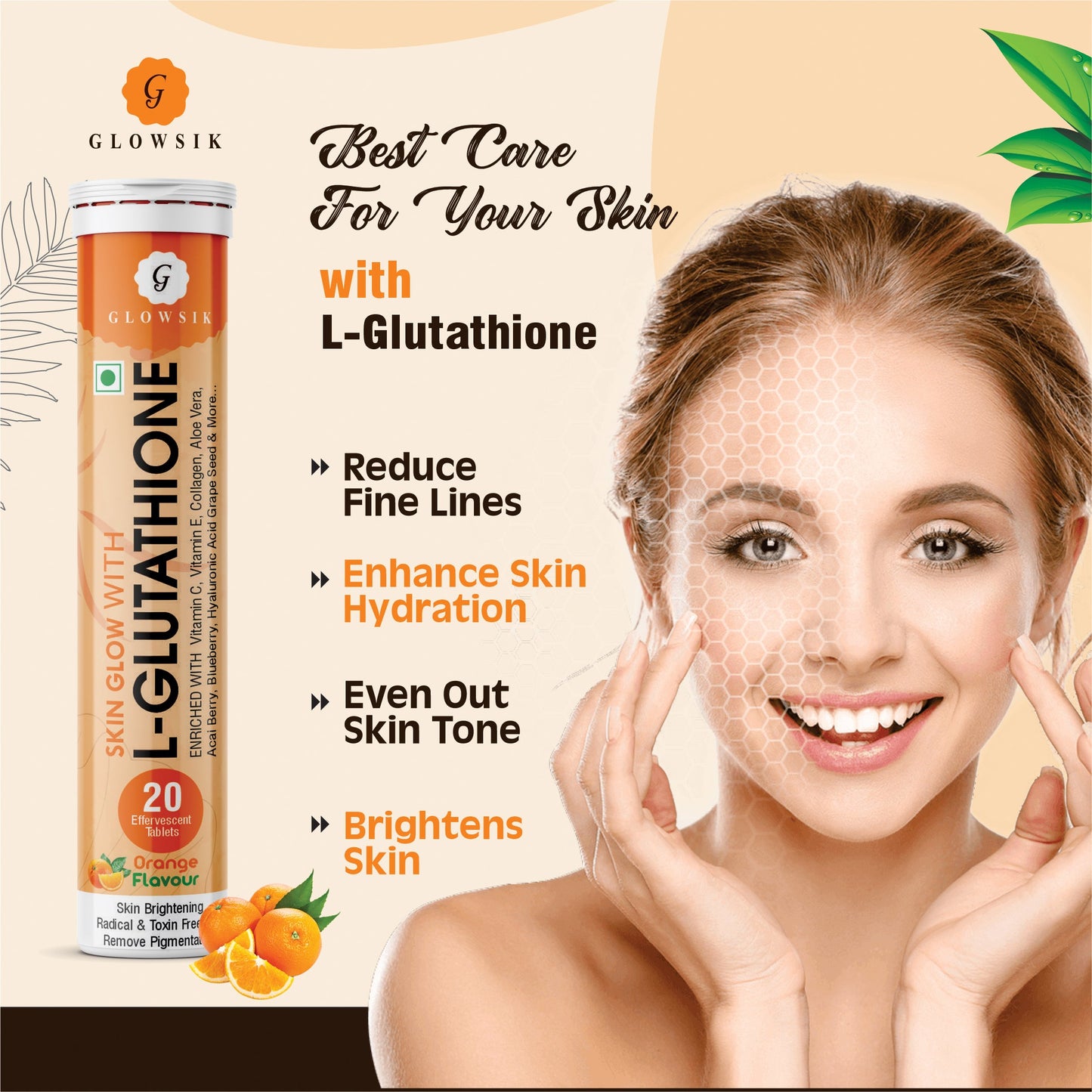 Glowsik Glutathione Effervescents tablets for skin Glow ,  with collagen  , Hyaluronic Acid , vitamin c