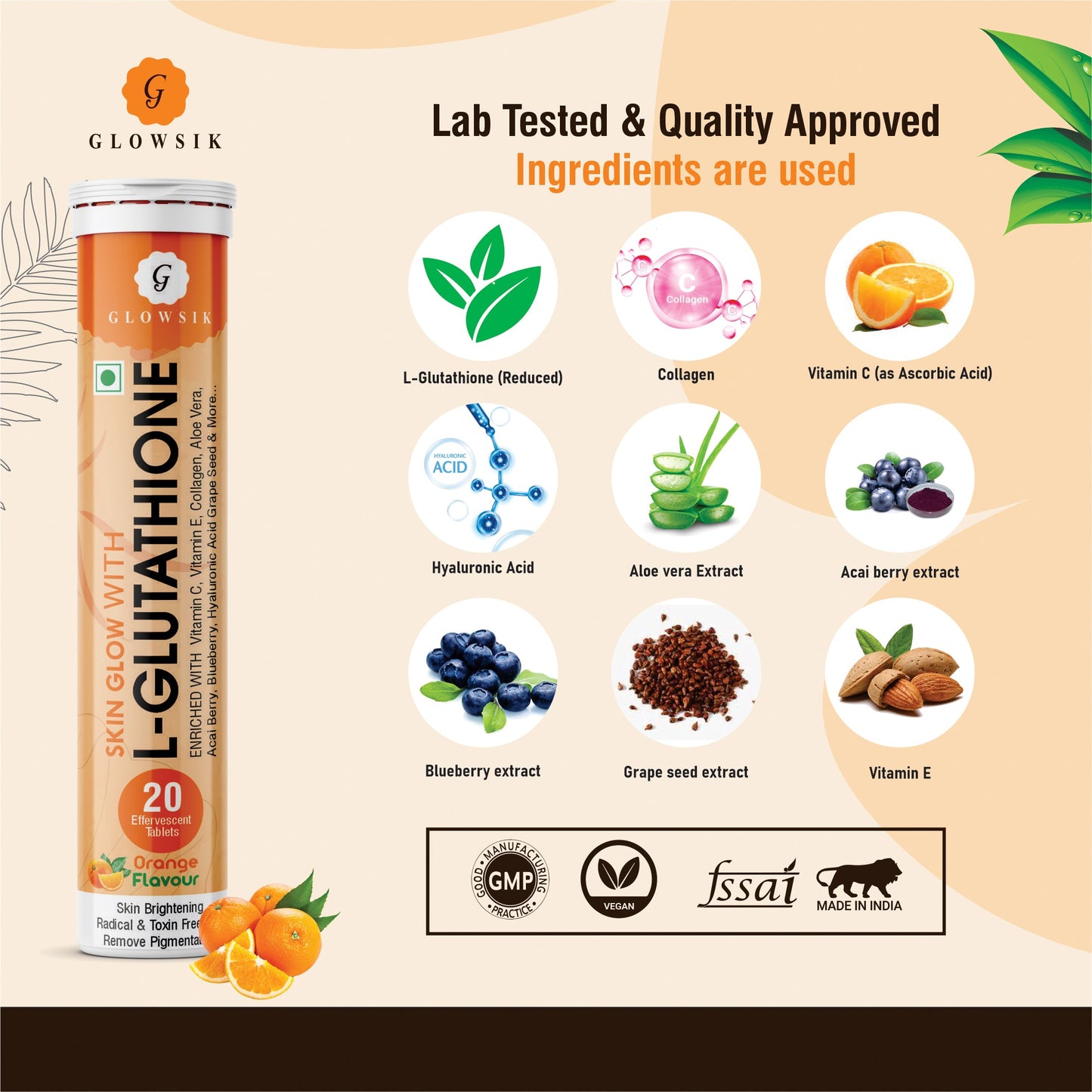 Glowsik Glutathione Effervescents tablets for skin Glow ,  with collagen  , Hyaluronic Acid , vitamin c